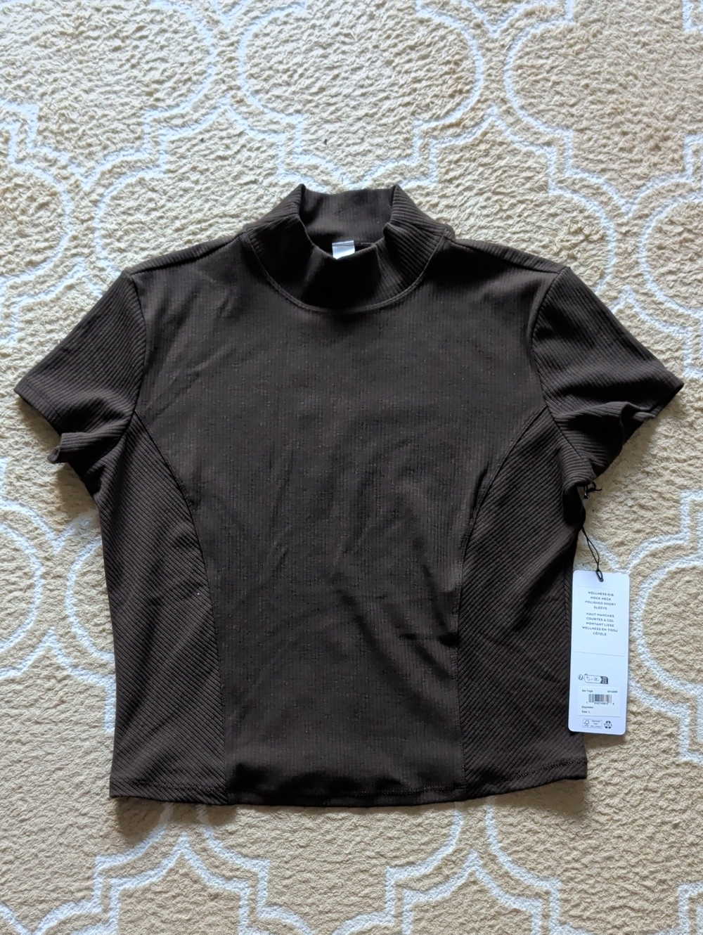 ALO Wellness Rib Mock Neck Polished Short Sleeve Espresso NWT - Picture 2 of 6